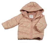 Růžová šusťáková zimní bunda se srdíčky a kapucí F&F