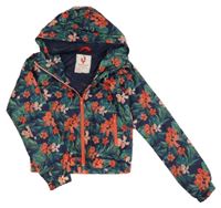 Tmavomodro-zeleno-růžová květovaná šusťáková crop jarní bunda s kapucí 