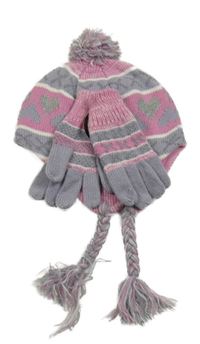 Nové - 2set - Růžovo-šedo-fialová vzorovaná čepice s bambulí + prstové vzorované rukavice Primark