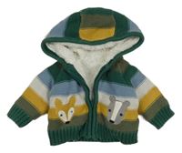 Zeleno-hořčicovo-modrý pruhovaný propínací zateplený svetr se zvířátky a kapucí Nutmeg