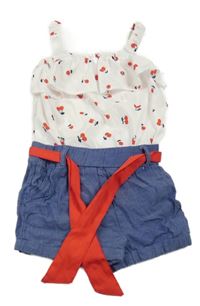 Bílo-modrý kraťasový overal s třešněmi a páskem 