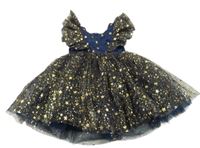 Tmavomodro-zlaté třpytivé slavnostní tylové šaty s hvězdami 