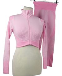 2set - Dámské světlerůžové vzorované sportovní crop propínací triko + legíny 