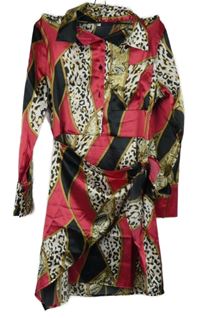 Dámské červeno-béožovo-černé vzorované saténové košilové šaty s páskem Shein vel. 32