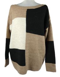 Dámský béžovo-černo-bílý kostkovaný svetr 