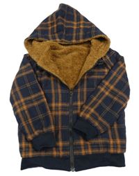 Tmavomodro-oranžová kostkovaná flanelová zateplená bunda s kapucí 
