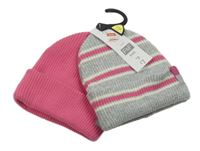 Nové - 2x čepice růžová+ šedá pruhovaná F&F vel.122-140