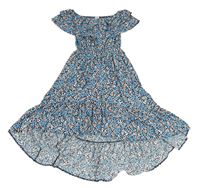 Tmavomodro-modor-bílé květované dlouhé šaty s volánem River Island