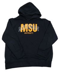 Tmavomodrá mikina s nápisem a kapucí