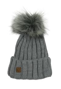 Šedá žebrovaná čepice s nášivkou a bambulí 