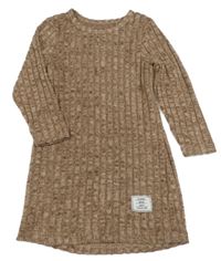 Hnědé melírované pletené žebrované šaty s nášivkou 