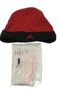 2set - Červeno-černá čepice - Air Jordan + světlerůžové rukavice - nové