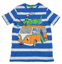 Cobaltově modro-bílé pruhované tričko s autobusem a krokodýlkem Kiki&Koko