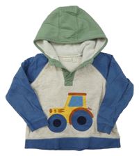 Béžovo-modro-zelená mikina s traktorem a kapucí Jojo Maman Bébé