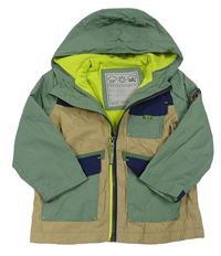 Béžovo-khaki-tmavomodrá šusťáková jarní bunda s kapucí Tu