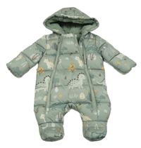 Khaki šusťáková prošívaná zimní kombinéza s dinosaury a kapucí Primark