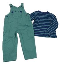 2set - Zelené laclové rifle se žirafou + pruhované triko