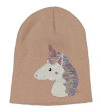 Světlerůžovo-stříbrná pletená čepice s jednorožcem z flitrů 