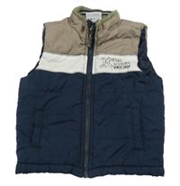 Tmavomodro-béžovo-bílá šusťáková zateplená vesta s nápisem Topolino