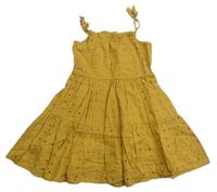 Okrové kostkované plátěné letní šaty s madeirou Tu