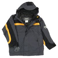 Tmavošedo-oranžovo-černá šusťáková outdoorová podzimní bunda s logem a kapucí Jack Wolfskin