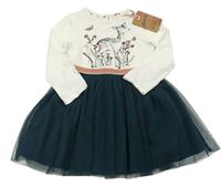Bílo-smaragdové bavlněno/tylové šaty se srnkou a motýlky a flitry Debenhams