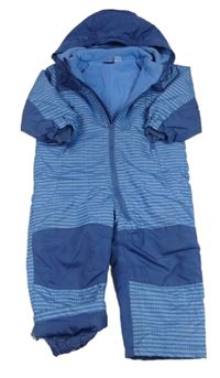 Modro-tmavomodrá pruhovaná šusťáková zimní kombinéza s hvězdičkami a odepínací kapucí lupilu