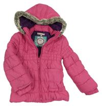 Tmavorůžová prošívaná šusťáková zimní bunda se srdíčky a kapucí s kožešinou M&S