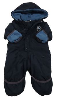 Tmavomodrá šusťáková zimní kombinéza s medvídkem a číslem a nápisy a kapucí impidimpi