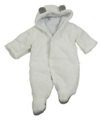 Bílp-šedá huňatá zateplená kombinéza s kapucí s oušky