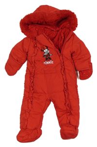 Červená prošívaná šusťáková zimní kombinéza s Minnie a volánky a kapucí s kožešinou George