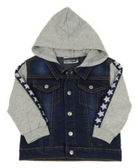 Tmavomodro-šedá riflovo/tepláková bunda s pruhem s hvězdičkami a kapucí Ergee