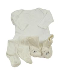 3x - Bílé body PRIMARK + žebrované ponožky + pletené bačkory s čumáčkem H&M