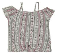 Bílo-černo-růžové vzorované crop tričko s uzlem a volnými rameny C&A