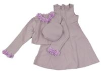 3Set - Světlefialové flaušové bolérko s 3D květy + šaty + baret SHEIN