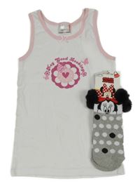Nové - 2Set - Bílo-světlerůžový nátělník se srdíčkem a motýlky BERTI + šedé melírované puntíkaté ponožky s Minnie Disney vel. 27-30