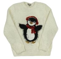 Krémový chlupatý svetr s tučňákem s flitry Fluid 