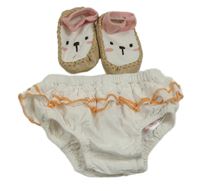 2set - Bílé kalhotky na plenku s volánky + béžovo-bílo-růžové koženkovo/pletené capáčky s čumákem