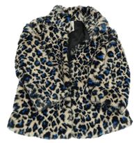 Béžovo-černo-modrá kožešinová podšitá bunda s leopardím vzorem