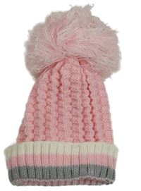 Růžovo-smetanovo-šedá pletená čepice s bambulí