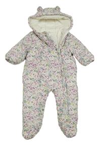 Bílá květovaná manšestrová zateplená kombinéza s kapucí Next