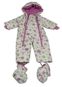 Bílá květovaná šusťáková zimní kombinéza s kapucí + capáčky