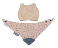 2set - Růžová pletená čepice s oušky + slinták se srdíčky a kousátkem