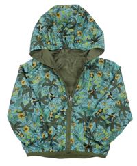 Modrá šusťáková jarní oboustranná bunda s listy se zvířaty a kapucí