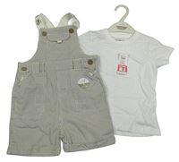 Nové - 2set - Šedo-bílé pruhované riflové laclové kraťasy + bílé tričko M&Co.