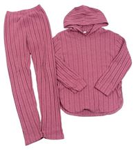2 set - Růžová žebrovaná úpletová mikina s kapucí + úpletové kalhoty 