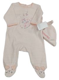 2 set - Světlerůžový pruhovaný sametový overal s kočkou + sametová čepice Primark