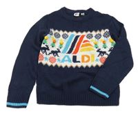 Tmavomodro-bílý svetr s barevným nápisem 