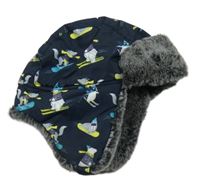 Tmavomodrá šusťáková zateplená beranice s obrázky a kožešinou 