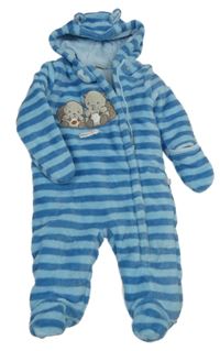 Modrá pruhovaná chlupatá podšitá kombinéza s obrázkem a kapucí 